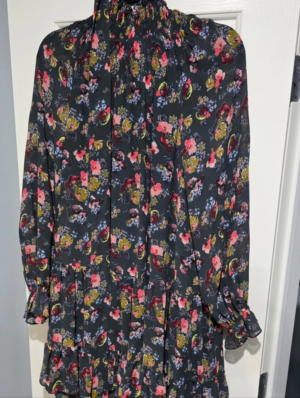 cinq a sept Black Floral Smocked Neck Long Sleeve Dress - Picture 5 of 8